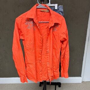 Orange Embroidered Button-Up Shirt